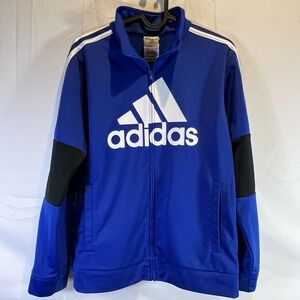 ADIDAS Full Zip Jacket Youth Large L 14-16 Blue White Logo Athletic Warm Up Coat